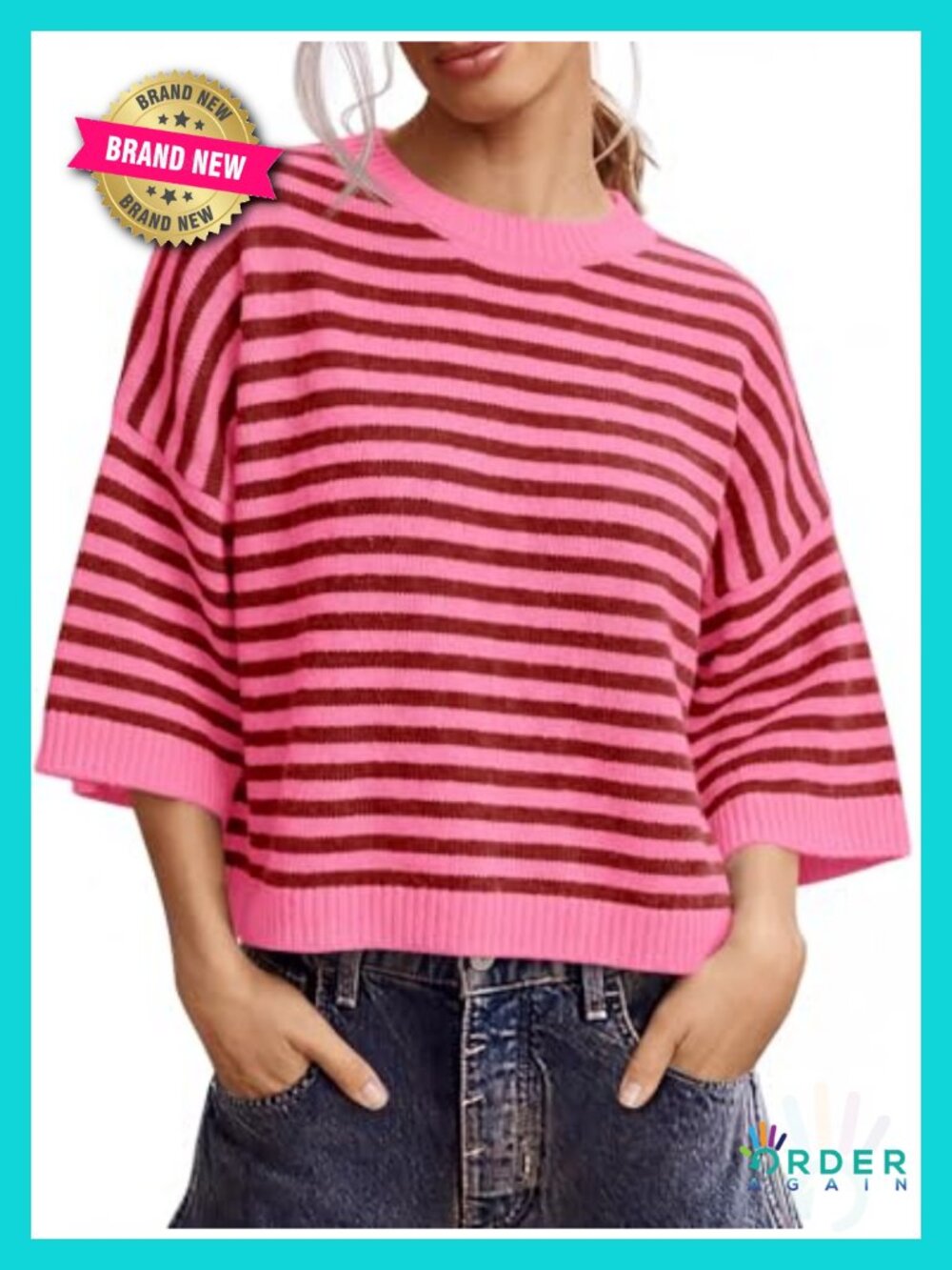 Women's Striped Oversized Short Sleeve Knit Sweater Pullover